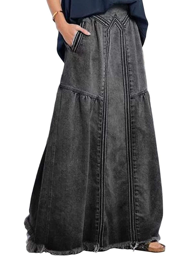 ebossy Women's Casual Elastic Waist Frayed Hem A-Line Distressed Hippie Long Maxi Denim Skirt (XX-Large, Dark Grey) - Image 1